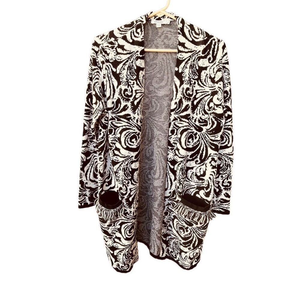 Chico’s size M abstract floral cardigan fringe pockets.